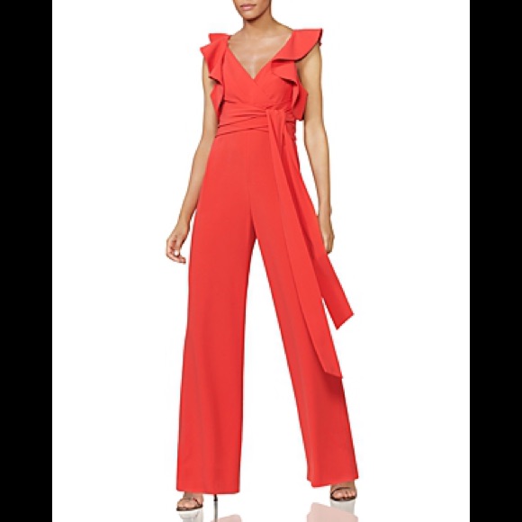 Halston Heritage Red Ruffle Wrap Jumpsuit